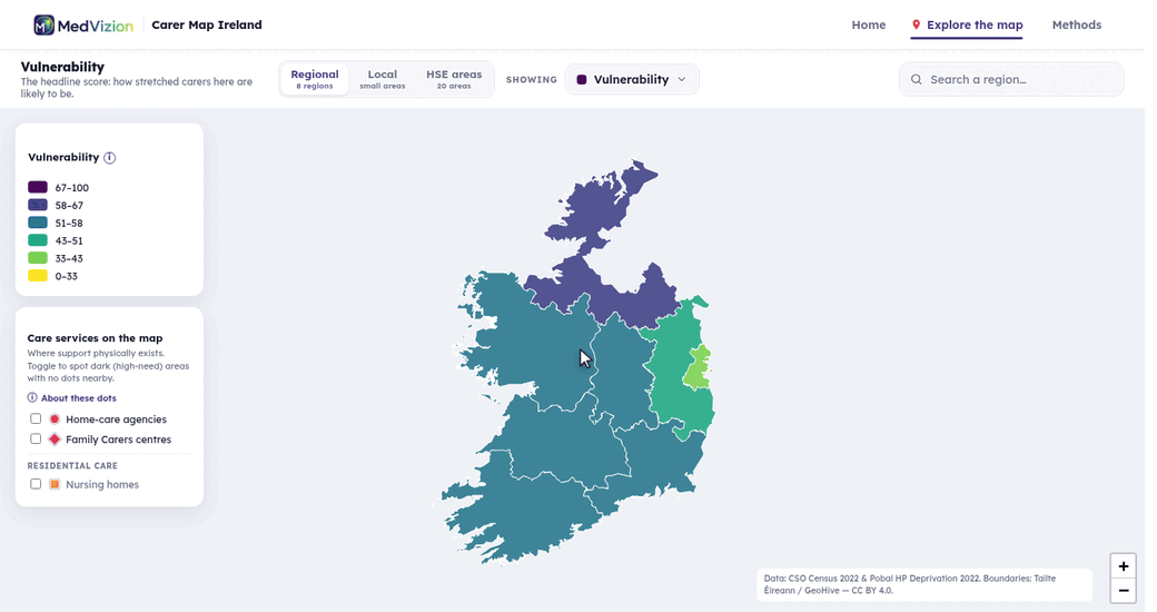 The map cycling through its three geography levels: regions, small areas, and HSE areas