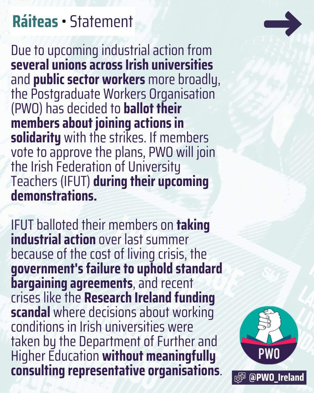 Postgraduate Workers Organisation statement: PWO will ballot members on joining IFUT industrial action in solidarity with the strikes